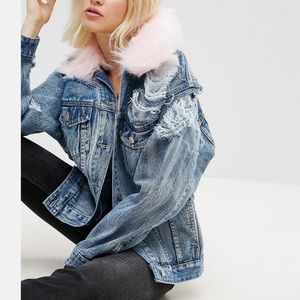 ASOS Denim Jacket With Rips And Detachable Faux Fur Collar